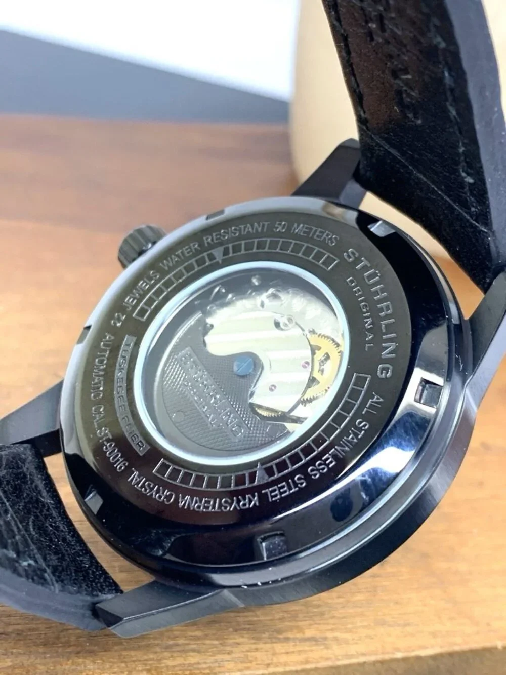 Stuhrling Men's Watch ST-900016 Automatic Black Orange Dial Leather Band 44mm